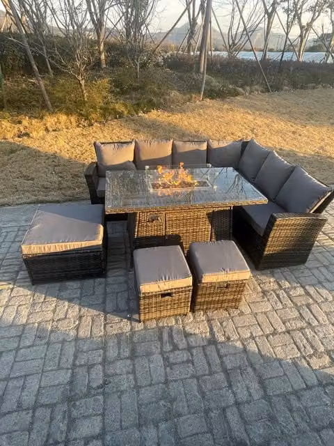 Fimous 9 Seater Rattan Garden Furniture Set with Gas Fire Pit Dining Table, Right Corner Sofa, Small Footstools and Chairs in Dark Grey