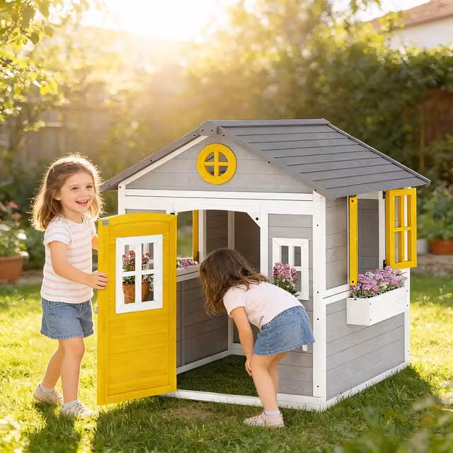 Outsunny Wooden Playhouse for Kids in Grey