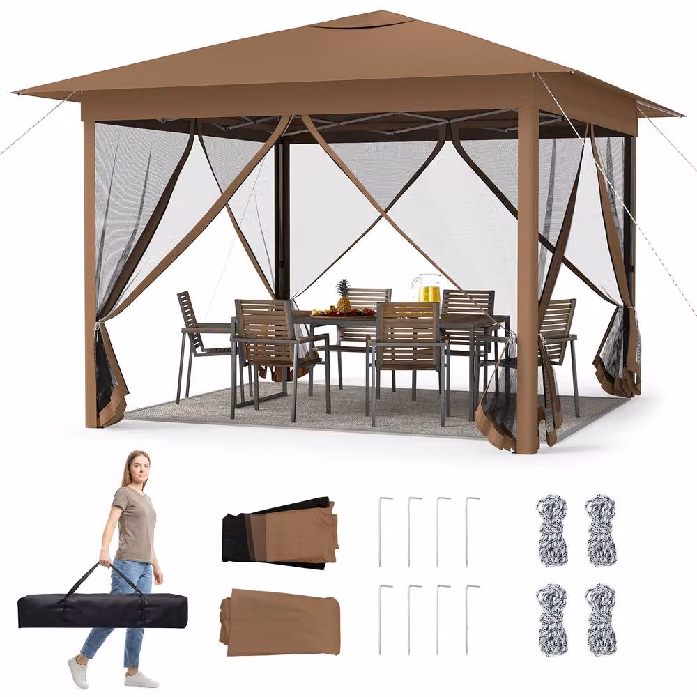 Gymax Instant Pop Up Gazebo with 350cm Mesh Screen and 4 Doors in Brown and Silver, W: 350 cm, D: 350 cm, H: 250 cm – 8