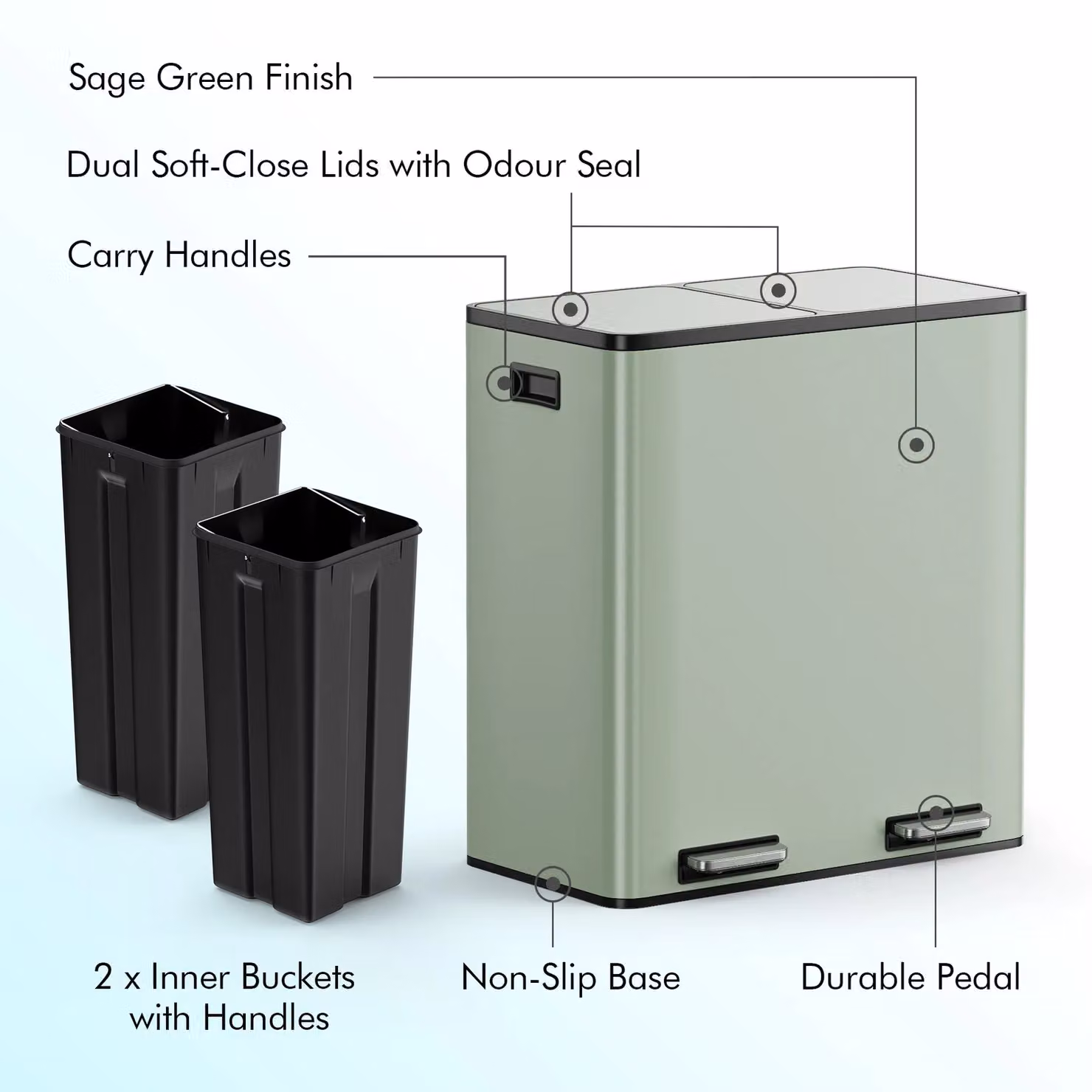 VonHaus 60L 2 Compartment Kitchen Waste and Recycling Bin with Soft Close Pedal and Removable Inner Buckets in Green – 4