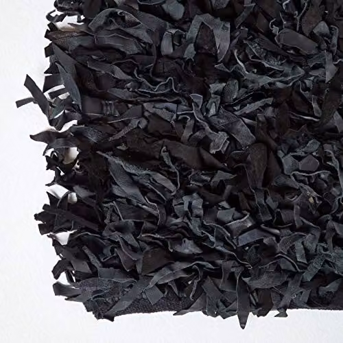 HOMESCAPES Dallas Modern Designer Real Leather Shaggy Rug in Black and Grey, W: 120 cm, D: 180 cm – 3