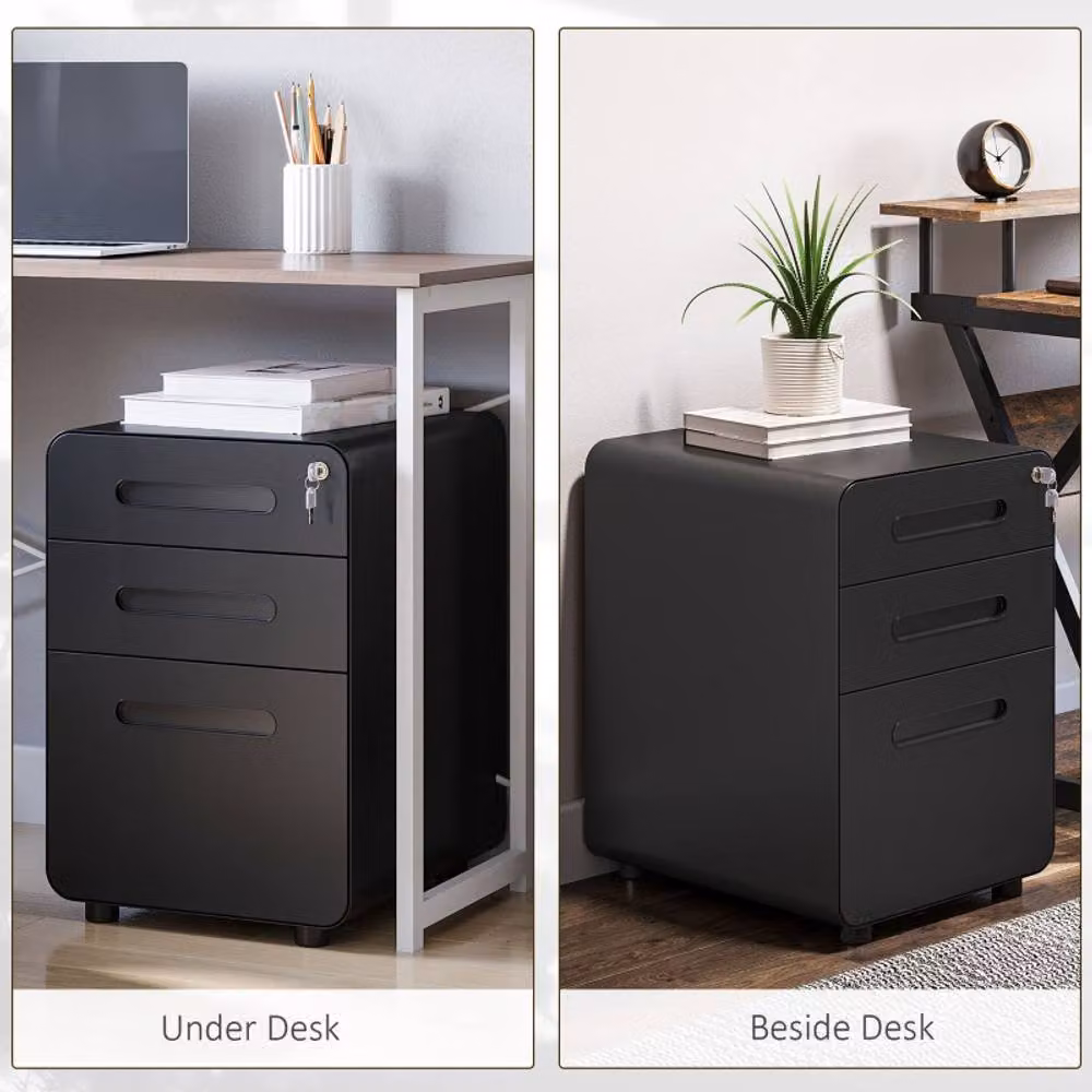 STILVORA 3 Drawer Metal File Cabinet with Lock and Castors in Matt Black – 5