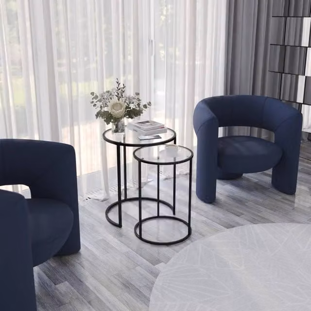 Levia 2 Piece Round Nested Coffee Tables with Glass Tops and Sled Base in Black and Multicolour