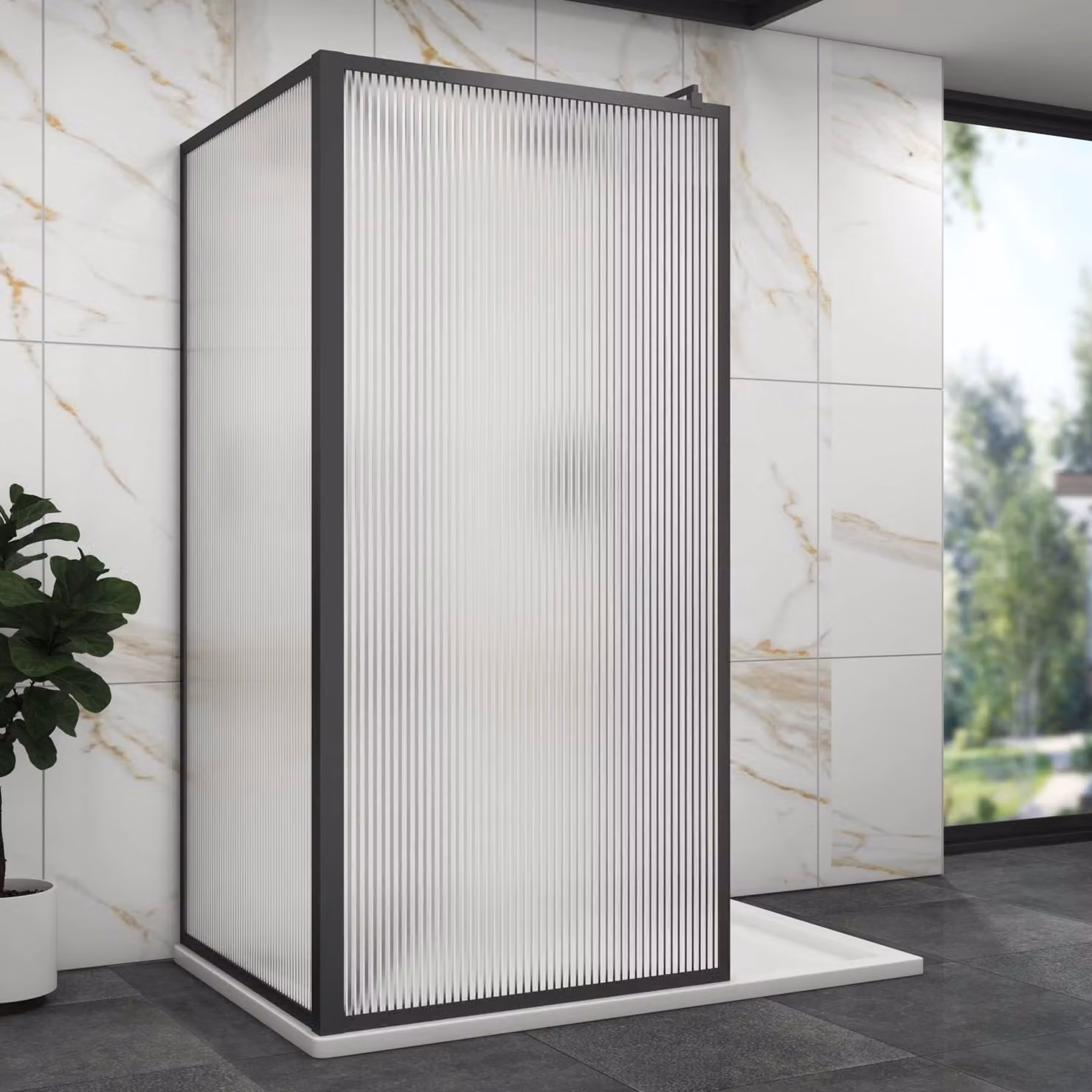 Royal Bathrooms Luxor 2 Sided Walk In Fluted Shower Enclosure with Tray, Matt Black Frame and 8mm Easy Clean Glass, W/D: 140 x 76 cm
