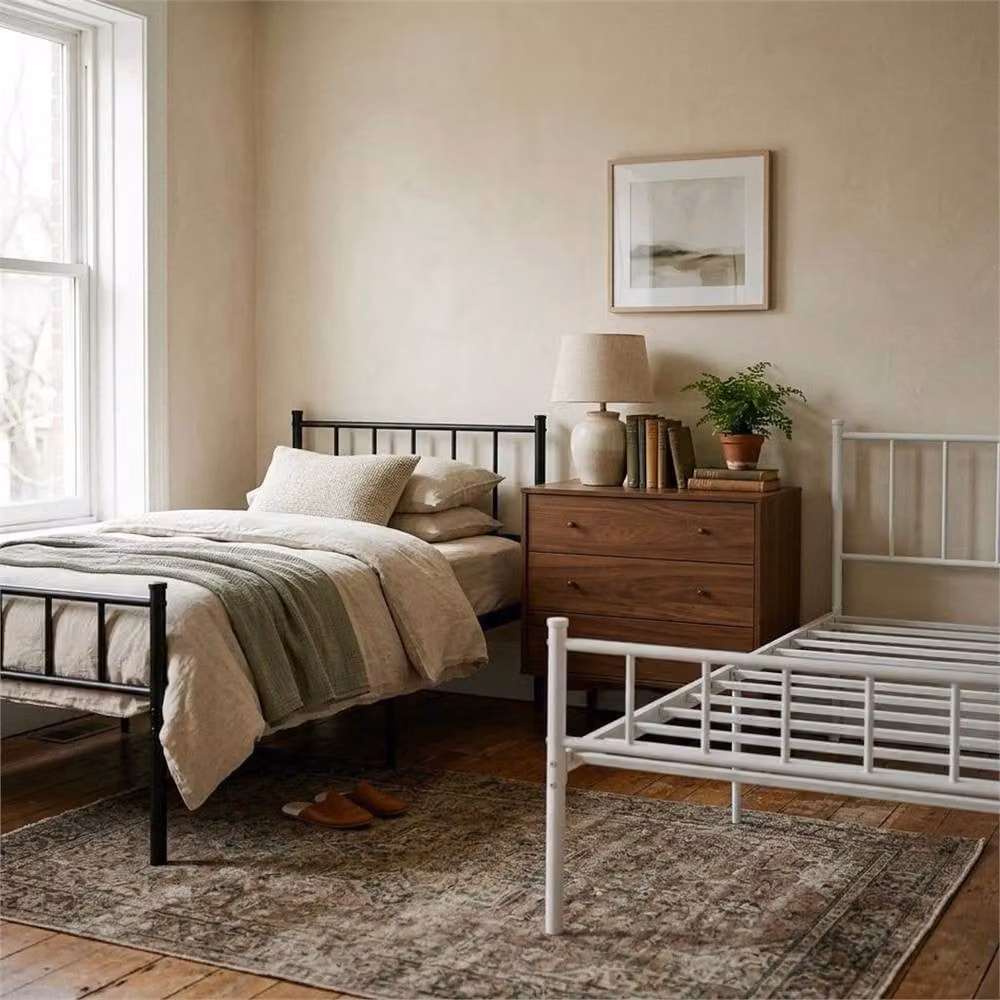 NESTLUNE White Metal Single Cot Bed Frame with Headboard and Footboard – 2