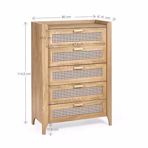Julian Bowen Sydney 5 Drawer Chest in Light Oak with Rattan Print, H: 114 cm, W: 80 cm – 2