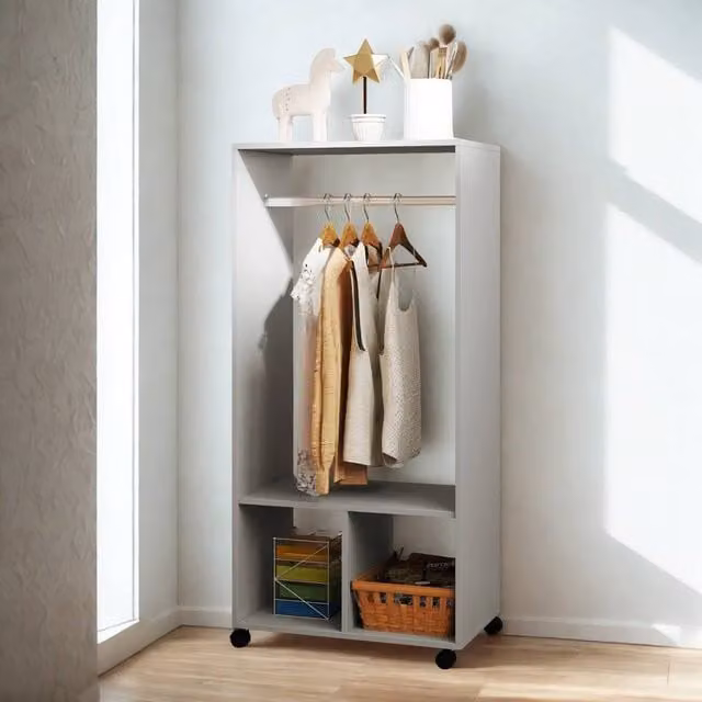 Pirlo Plush Open Wardrobe Clothes Rail with Storage Shelves on Wheels, Grey, W/D/H: 128 x 40 x 40 cm