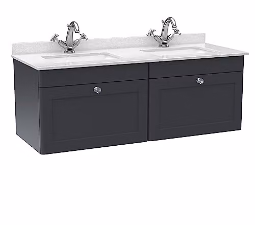 nuie Classique Wall Hung 2 Drawer Unit and 1 Tap Hole Marble Worktop with Square Basin, Satin Anthracite/White/Soft Black, W: 120 cm
