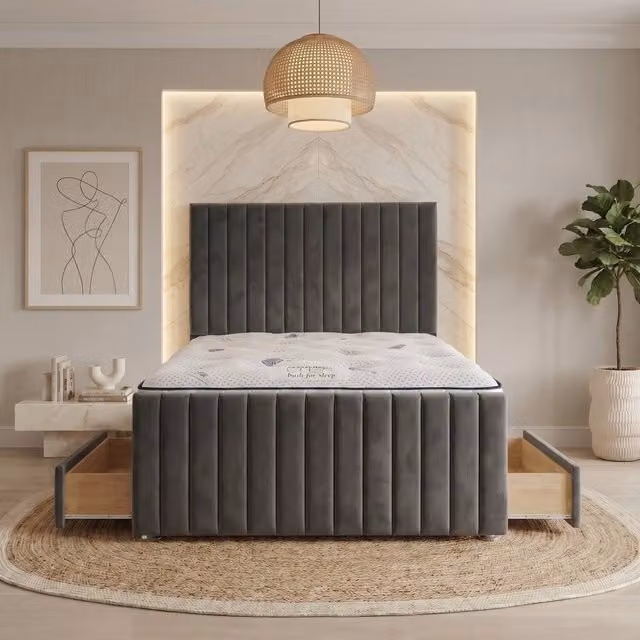 Somnior Eleanor Velvet Divan Bed with Mattress and 4 Drawers, Charcoal Grey, W/D/H: 200 x 200 cm