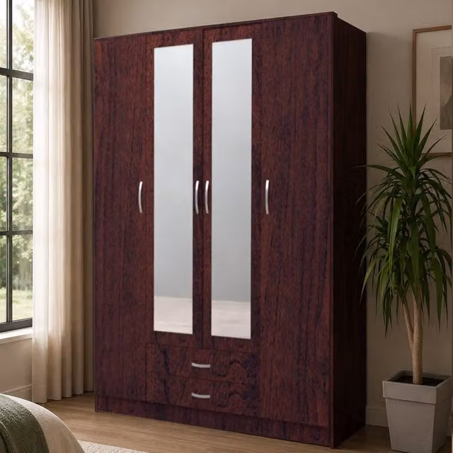 Roma Dark Cherry 4 Door Wardrobe with Mirror and 2 Integrated Drawers, Width: 189 cm