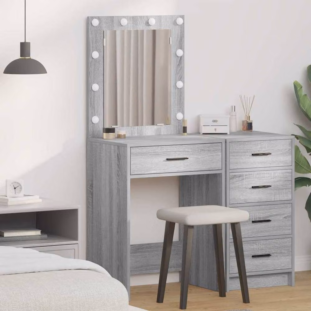 Berkfield Home Grey Sonoma Dressing Table with Hollywood LED Lights W: 50 cm, D: 41 cm, H: 135 cm – 2