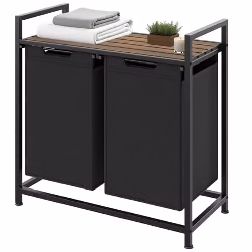 tectake Dual Laundry Basket with 2 x 46L Capacity, Water- and Smell-Resistant Fabric, Pull-Out Baskets with Steel Frame and Wooden Look Top Shelf, Black/Brown
