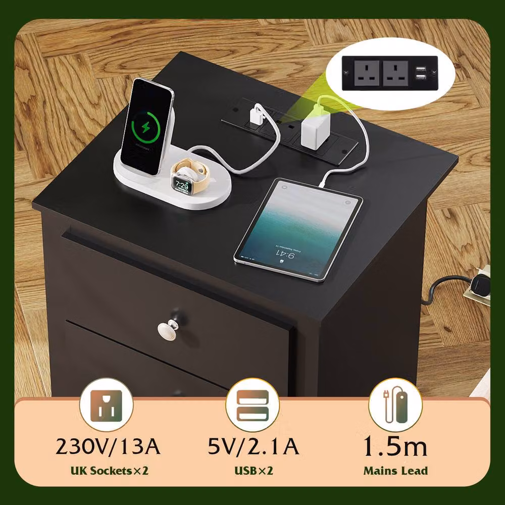 Rolipo 3-Drawer Wooden Bedside Table with Charging Station in Black – 6