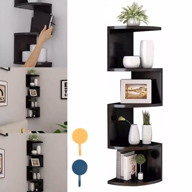 SPETLEK 5 Tier Black Wooden Floating Corner Wall Mounted Shelves – 1