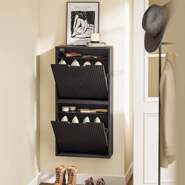 SoBuy Modern Black Matt Wall Mounted Shoe Cabinet with Tilting Compartments and Internal Shelves