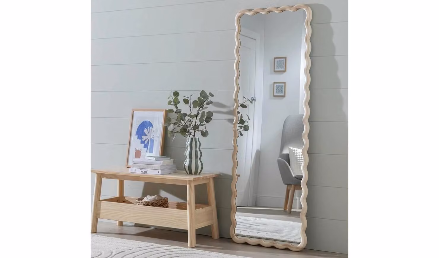 Cheap Furniture Warehouse Solid Ash Wavy Full Length Wall Mirror in Beige, W: 55 cm, H: 150 cm