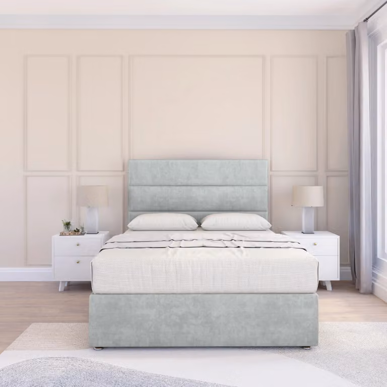 Sloomy California Small Single Divan Bed Base with Chesterfield Upholstered Velvet Headboard and Footboard in Silver