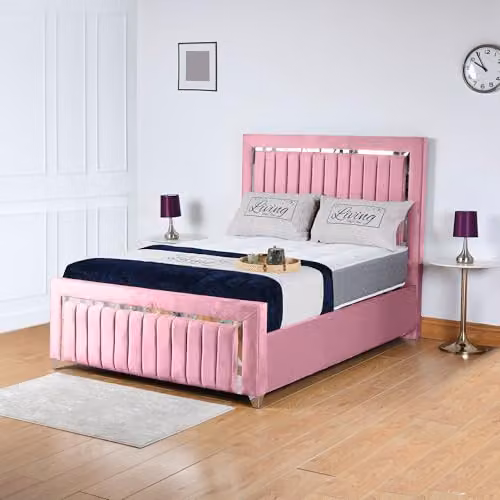 Living Comfort Bedz Zurich Plush Velvet Super King Gas Lift Storage Bed in Pink with Silver Trim and Vertical Lined Headboard and Footboard