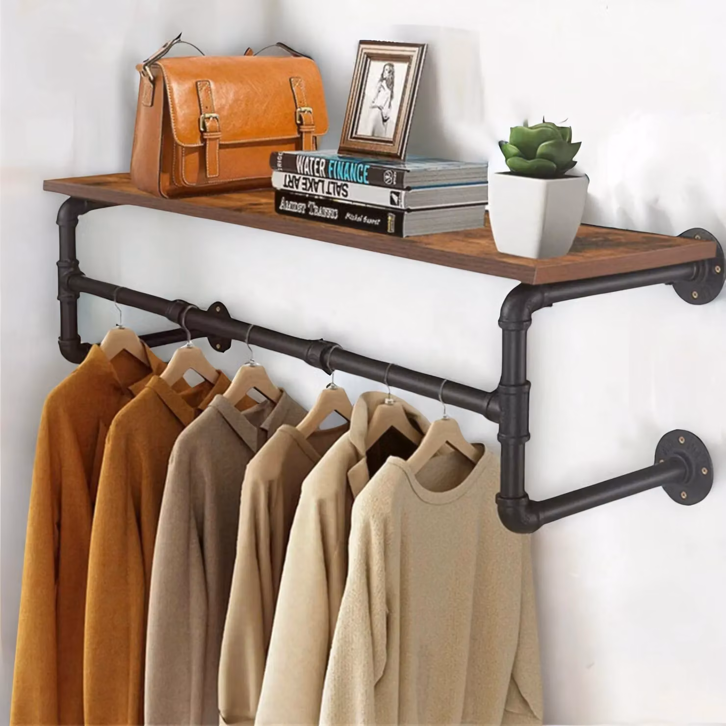 FURNOS Industrial Heavy Duty Pipe Wall-Mounted Floating Shelf with Hanging Rail in Brown and Black – 3