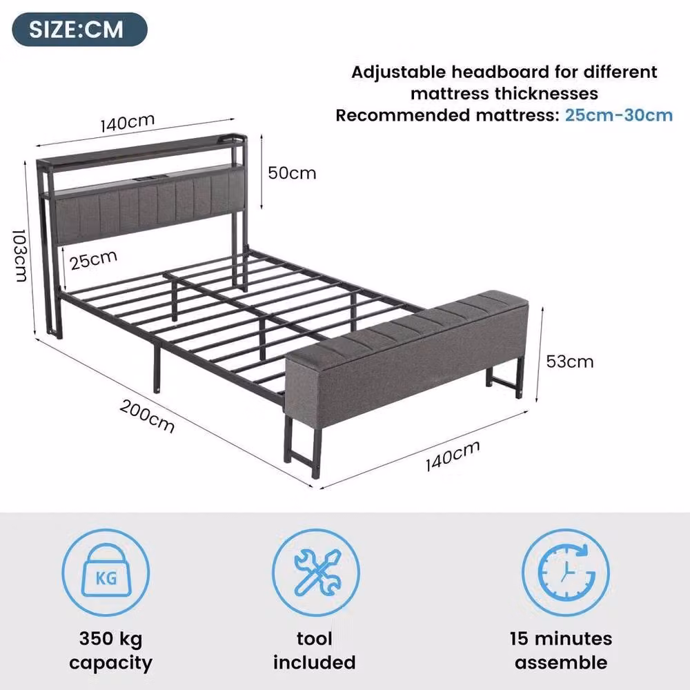 Kelvenix Luxury Grey Fabric Upholstered Bed Frame Set with USB Charging Port and Bedside Shelf, W/D/H: 140 x 200 cm – 2