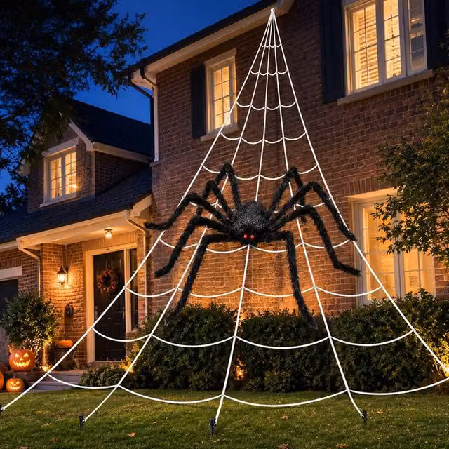 Marco Paul Giant Halloween Spider Web with Fuzzy Spider Outdoor Decoration, Black, W: 5 m, D: 4.8 m
