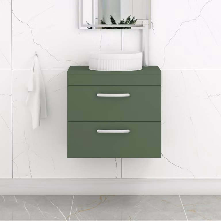 Royal Bathrooms Turin 600mm Wall Hung Vanity Unit with 2 Drawers and Round Countertop Basin in Matt Green with Matt Black Handles