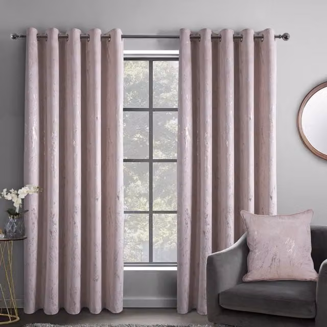 Smart Living Wholesale Ltd. Marble Effect Velvet Thermal Blackout Eyelet Curtains in Pink