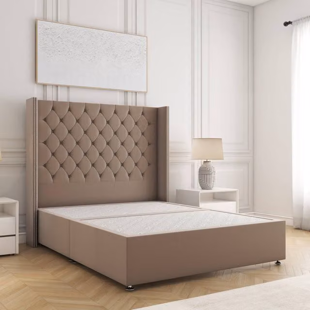 BSSPOKE Olivia King Size Divan Bed with 54 inch Plush Velvet Headboard in Bronze, W/D/H: 180 x 200 cm