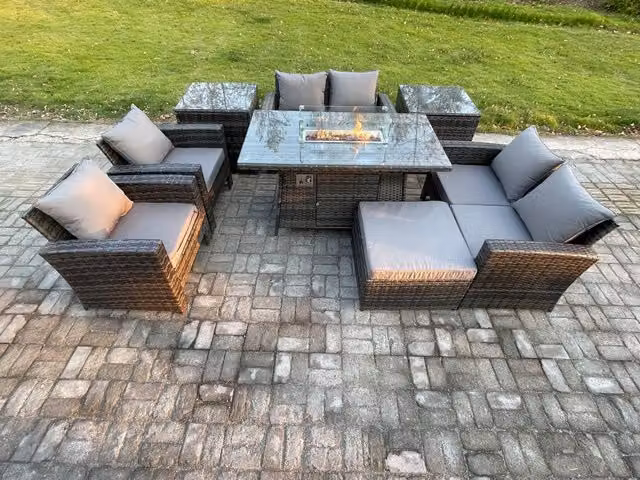 Fimous Dark Grey PE Rattan Garden Furniture Set with Gas Firepit Dining Table, Double Seat Sofa and Side Tables