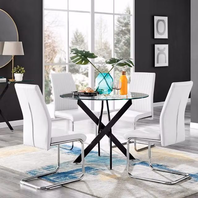FurnitureboxUK Novara Round Glass Dining Table with Four Lorenzo Chairs in White and Black
