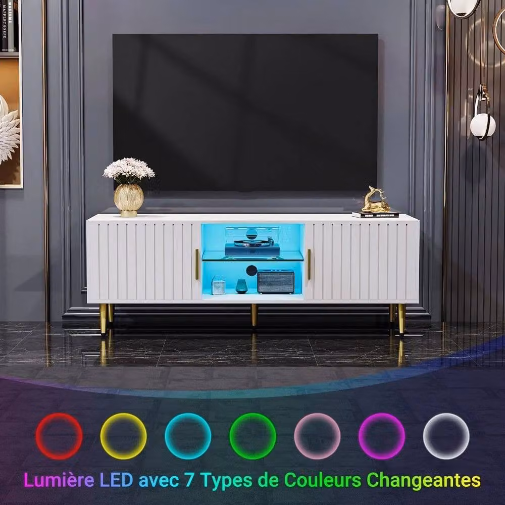 FORGEVIO Modern White TV Unit with Integrated Lighting, W: 140 cm, D: 48 cm, H: 40 cm – 5