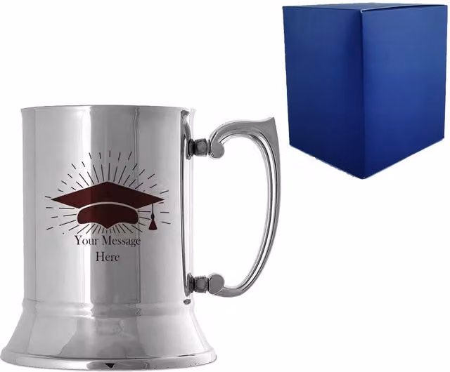 Uniqueful Personalised Graduation Steel Tankard with Graduation Cap Design in Silver, 450 ml