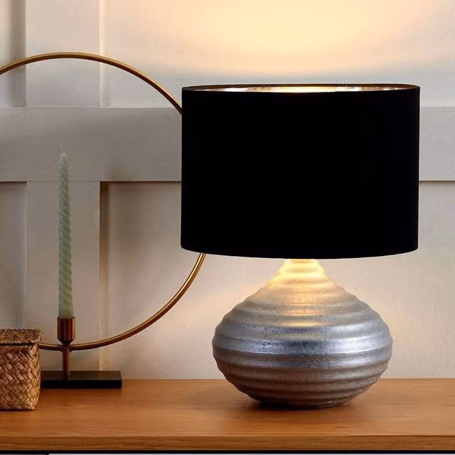 Wyld and Coco Modern Table Lamp with Silver Ceramic Base and Black Shade, Height: 42 cm