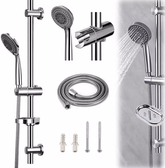 SPETLEK Adjustable Shower Riser Rail Kit with Hand Shower, Soap Holder and 1.5m Hose in Silver Chrome
