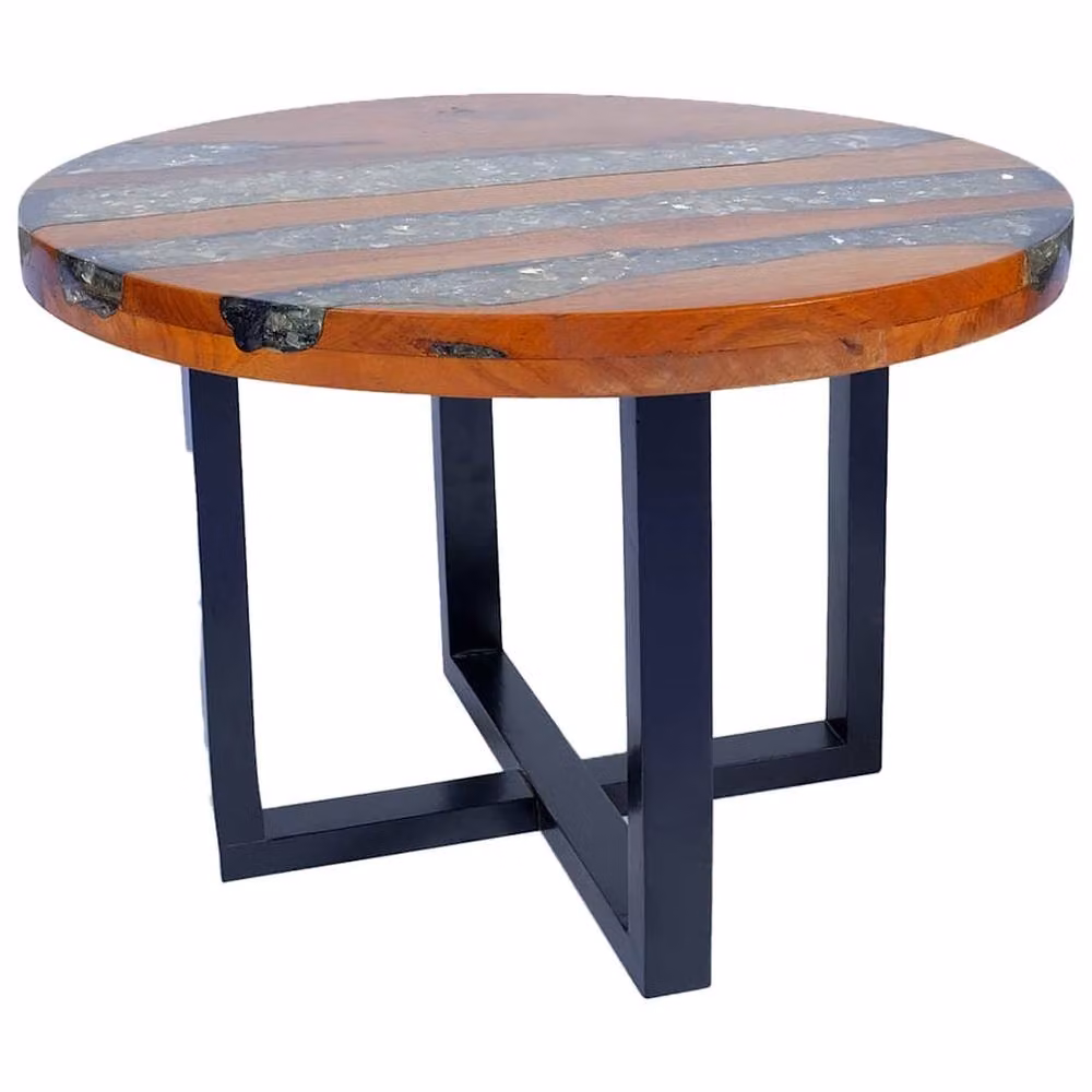 Berkfield Home Round Teak and Mango Wood Coffee Table with Resin Inlay, Brown and Black, Diameter: 60 cm – 2