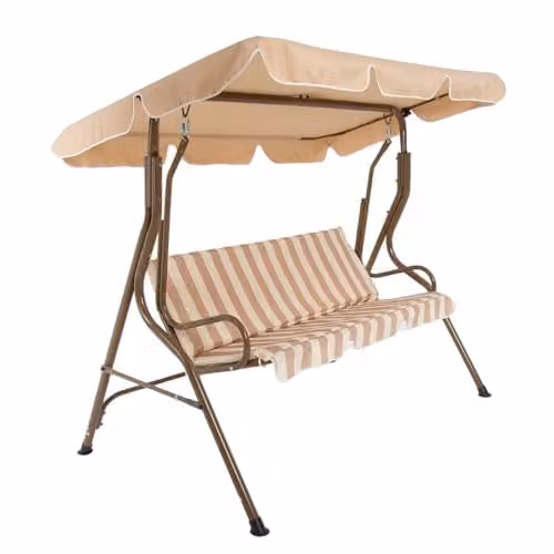 Charles Bentley 2-3 Seater Outdoor Swing Seat Hammock Chair in Beige and White Striped with Sun Canopy and Cushions, W/D/H: 173 x 111 x 154 cm – 1