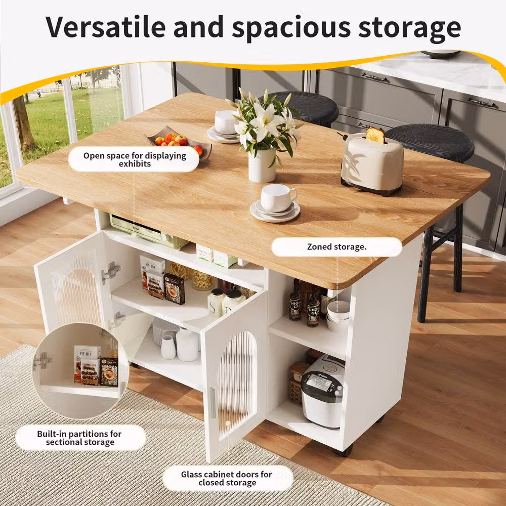 Matteo White Multifunctional Kitchen Island with Doors and Open Shelving, W/D/H: 120 x 30 x 79.5 cm – 2
