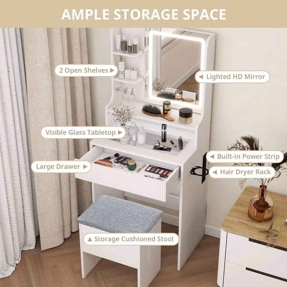 FLAVORA White Modern Dressing Table Set with Hollywood LED Mirror, W: 100 cm – 2