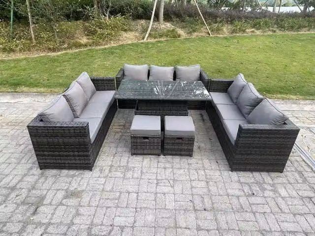 Fimous U-Shape Outdoor Rattan Garden Furniture Sofa Set with Adjustable Rising Lifting Tables and Footstool in Dark Grey