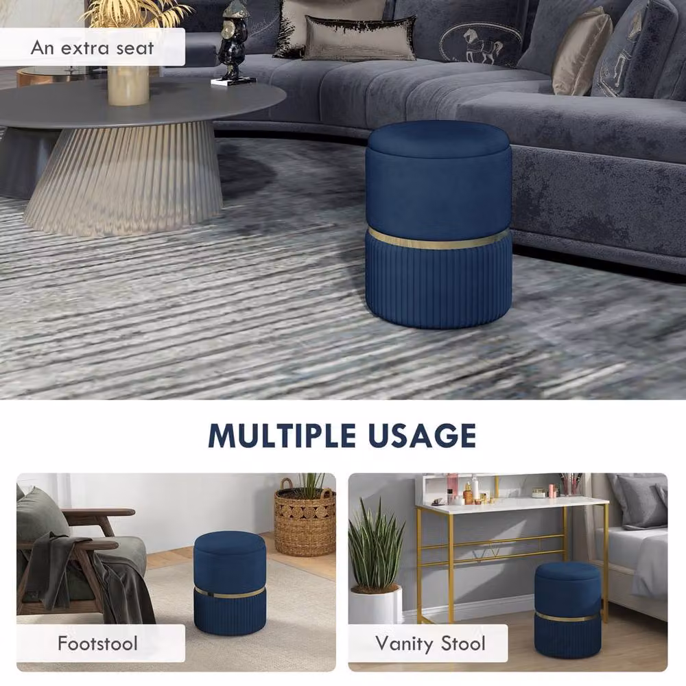 Kelvenix Round Blue Velvet Storage Pouffe with Cushioned Top, Diameter: 44 cm, Height: 36 cm – 4