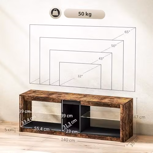 HOMCOM TV Stand Cabinet with LED Lights for TVs up to 65 inches, Rustic Brown, W/D/H: 140 x 35 x 47 cm – 7