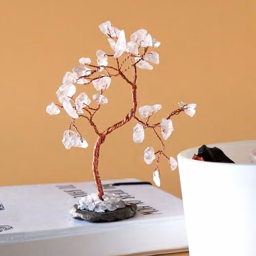 KDMD Rock Quartz Gemstone Bonsai Tree with Black Agate Base, 35 Stones
