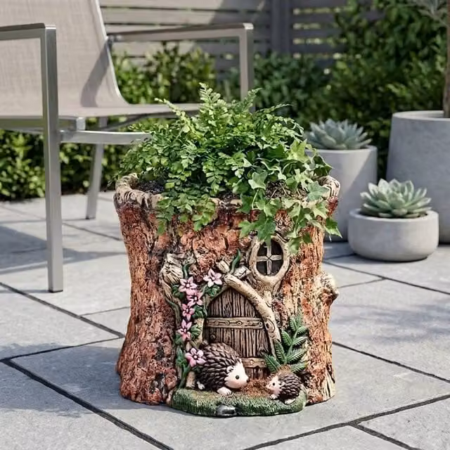Garden Greatness Hedgehog Woodland Door Garden Planter Pot in Brown