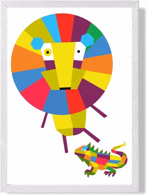 ARTZE Lion Bright Geometric Animal Framed Print in White, Multicolour and Black