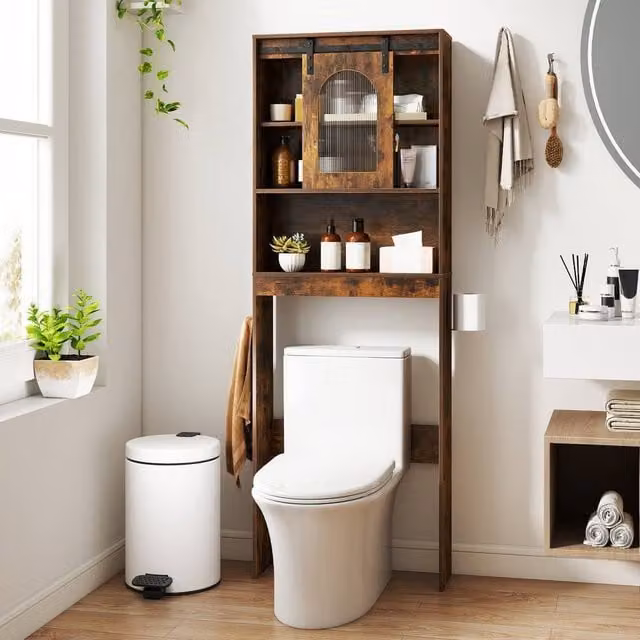 Costway Over Toilet Storage Cabinet Bathroom Organiser with Toilet Paper Holder in Brown