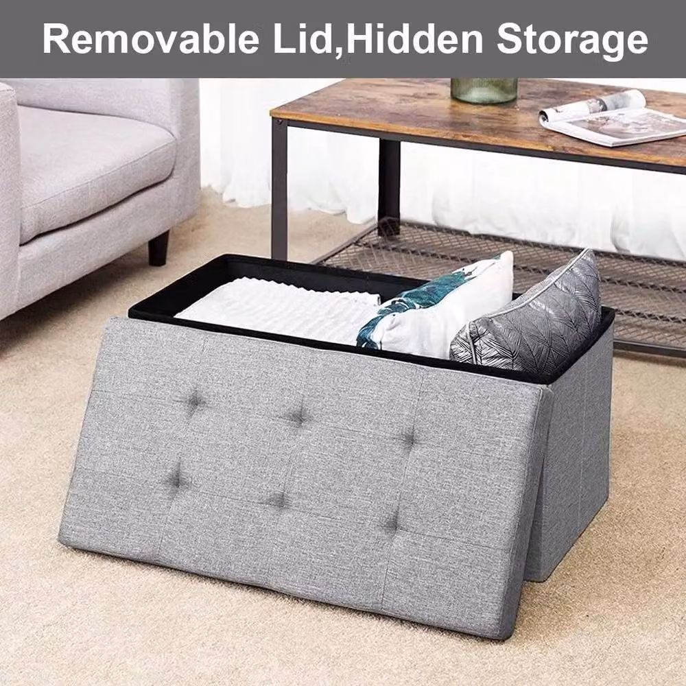 SPETLEK Folding Ottoman Storage Box in Grey Fabric and Linen – 5