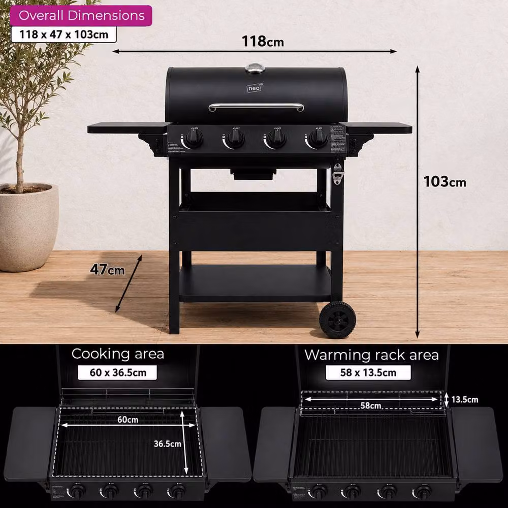Neo 4 Burner Stainless Steel Gas BBQ Grill with Warming Rack in Black W/D/H: 118 x 103 x 47 cm – 5