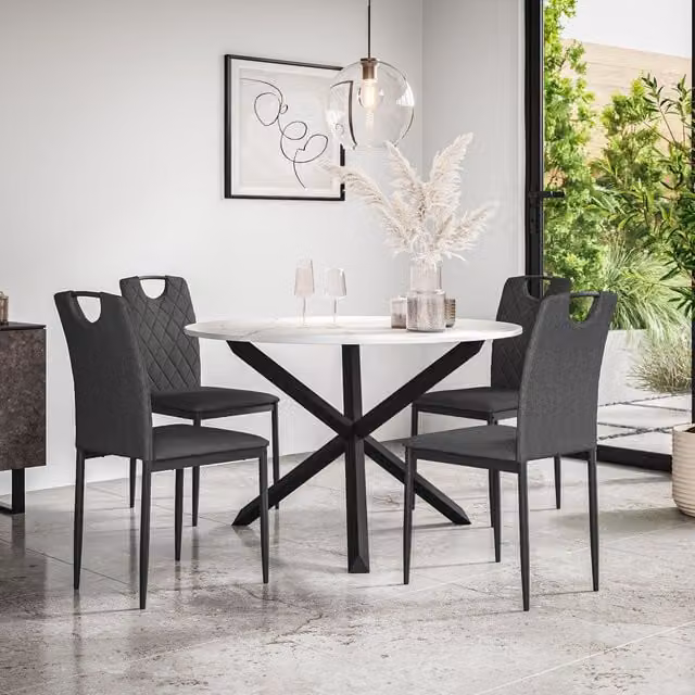 More4Homes Malvern Round Dining Table and 4 Monza Fabric Dining Chairs Set, Marble Table Top with Solid Oak Black Legs and Charcoal Chairs – 1