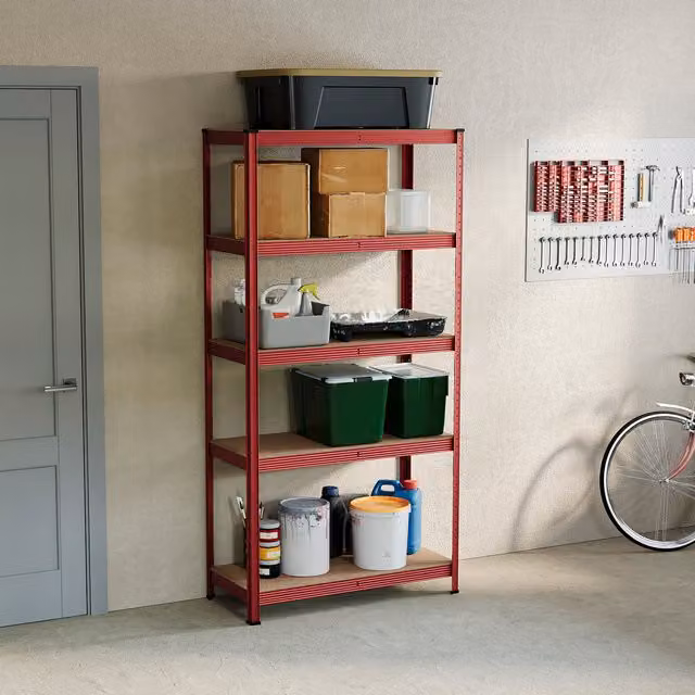 Vida Designs 5 Tier Heavy Duty Adjustable Steel Garage Shelving Unit, Red, Height: 180 cm