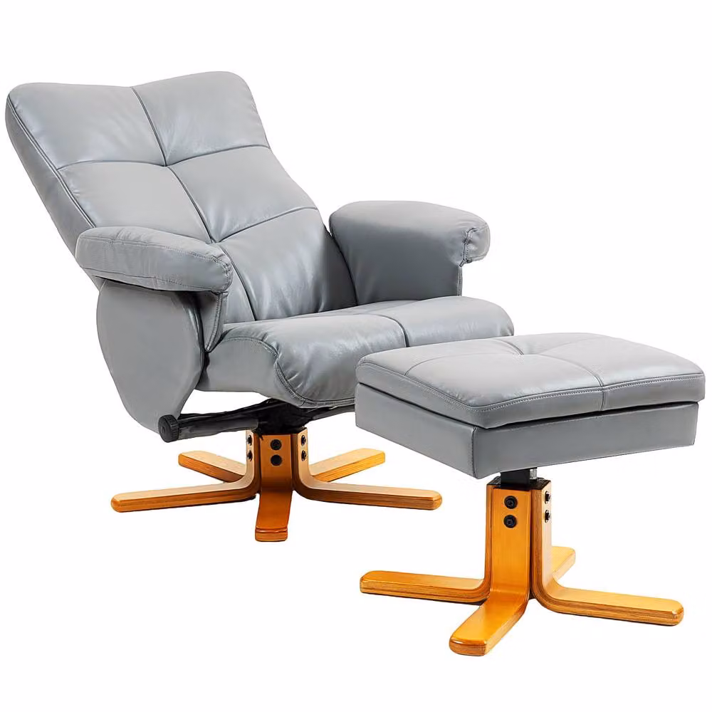 STILVORA Grey Synthetic Leather Recliner Chair with Matching Ottoman and 360 Degree Swivel Function – 4